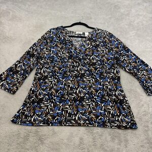 Liz & Co Faux Wrap Top Womens 1X‎ Blue Brown Black Geometric Stretch Career Plus